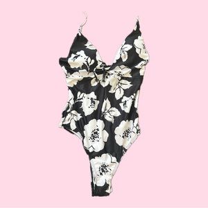 black and white floral summer one piece body suit / swimsuit